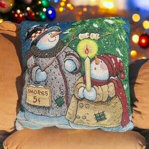 Tapestry Snowman Winter S’mores Scene Pillow by Sandi Gore Evans w/green backing